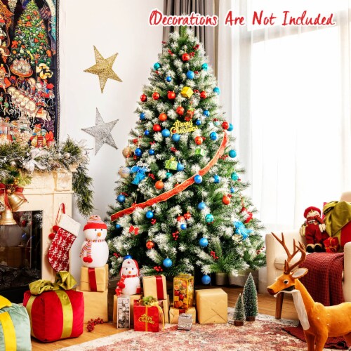 7ft Unlit Hinged Artificial Christmas Tree w/ Snow Flocked Tips and Red Berries Perspective: top