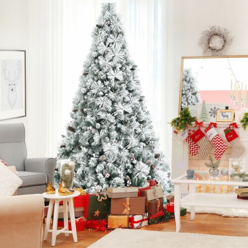 Costway 8ft Snow Flocked Christmas Tree Glitter Tips w/ Pine Cone & Red Berries Perspective: top