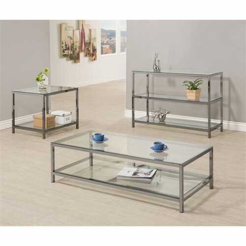 Bowery Hill Glass Top Contemporary Coffee Table in Black Nickel Perspective: top