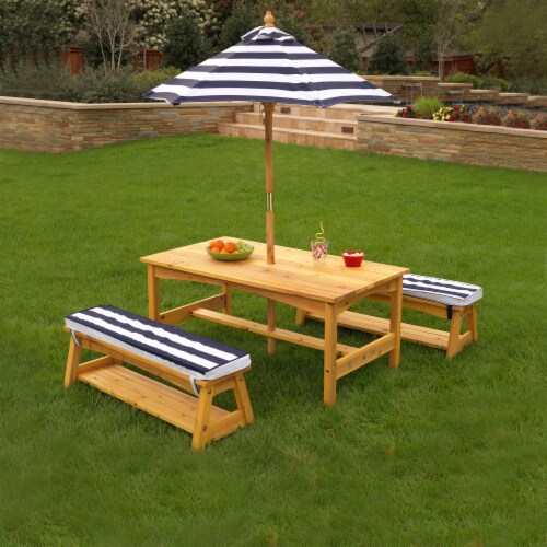 KidKraft Outdoor Children s Table Bench Set with Cushions Umbrella Navy White Stripes 1 Gerbes Super Markets