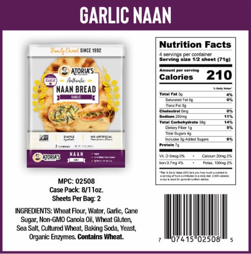 Atoria's Family Bakery Garlic Naan Flatbread 8-Packs of 2 Flatbread (16 Flatbread) Perspective: top
