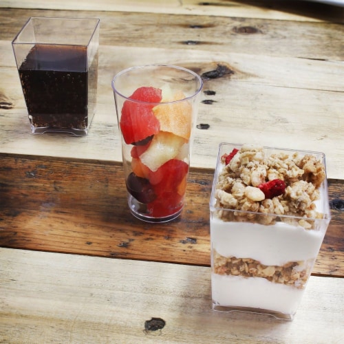 Plastic Shot Glass and Square Dessert Cups for Parties (3 Oz, 5 Oz) Perspective: top