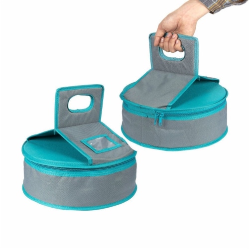 Insulated Round Thermal Casserole Food Carrier for Lunch, Teal and Grey Perspective: top