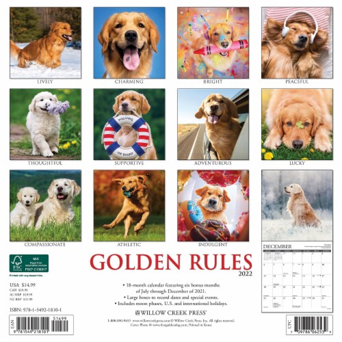 Golden Rules 2022 Wall Calendar (Golden Retriever Dogs, Dog Breed), 1