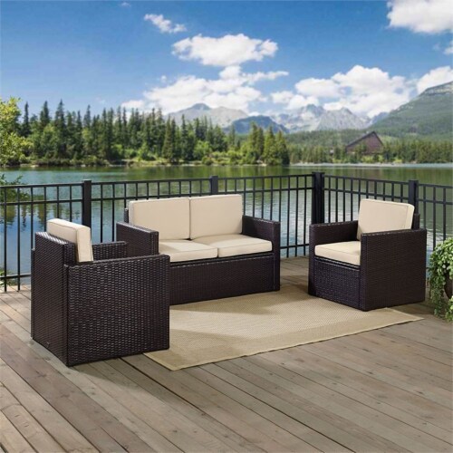 3 Piece Outdoor Wicker Seating Set With Sand Cushions - Loveseat & Two