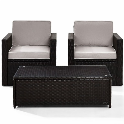3 Piece Outdoor Seating Set With Gray Cushions - Two Outdoor Chairs & Glass Top Table Perspective: top