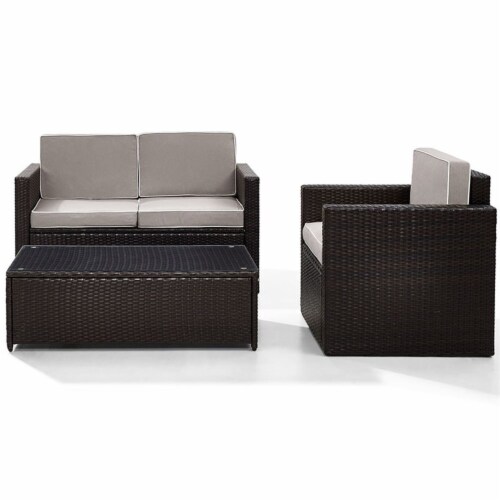 3 Piece Outdoor Wicker Seating Set With Gray Cushions - Loveseat, Chair & Glass Top Table Perspective: top