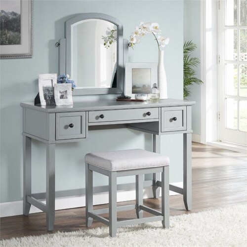 Furniture Vista Wood Vanity Stool in Gray-Crosley Perspective: top