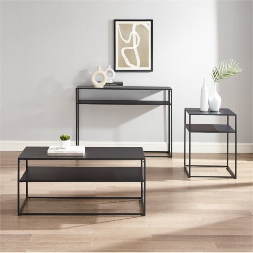 Crosley Braxton 3 Piece Modern Coffee Table Set in Matte Black, 1 Fry