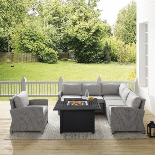 Crosley Bradenton 5 Piece Wicker Sectional Set with Fire Table in Gray Perspective: top