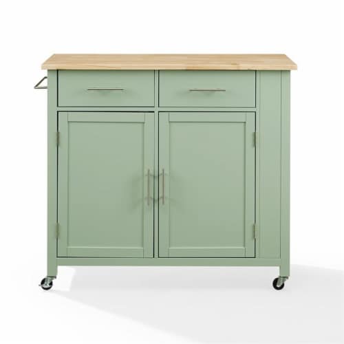Crosley Furniture Savannah Wood Top Drop Leaf Kitchen Island/Cart in Mint Green Perspective: top