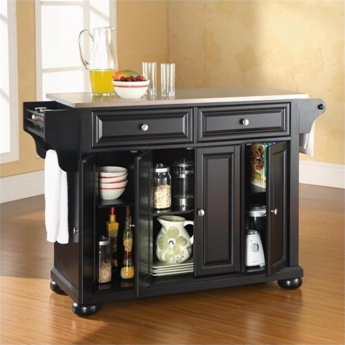 Crosley Alexandria Stainless Steel Top Kitchen Island in Black Finish Perspective: top