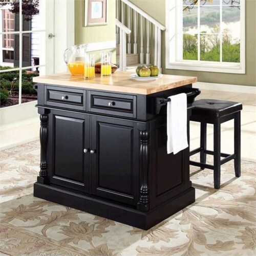 Butcher Block Top Kitchen Island In Black With 24  Black Upholstered Square Seat Stools Perspective: top