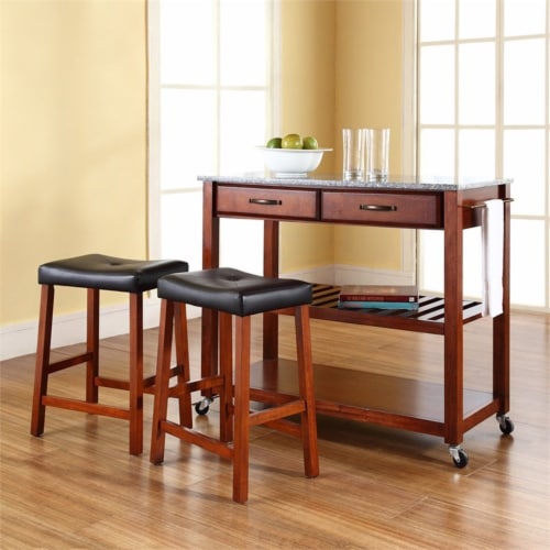 SOLID GRANITE TOP KITCHEN CART/ISLAND,CLASSIC CHERRY & 24  CHERRY UPHOLSTERED SADDLE STOOLS Perspective: top