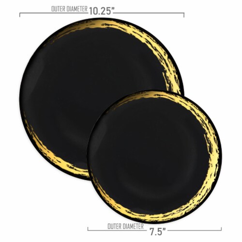 10.25  Black with Gold Moonlight Round Disposable Plastic Dinner Plates (120 Plates) Perspective: top
