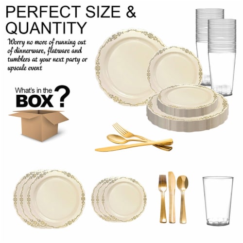 Ivory with Gold Vintage Rim Round Disposable Plastic Wedding Value Set 60 Settings 60 Sets Foods Co