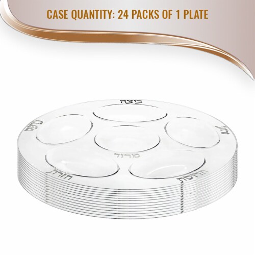 12  Clear with Silver Round Section Tray Disposable Plastic Seder Plates (24 Plates) Perspective: top