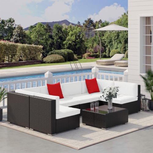 7pc rattan wicker sofa set sectional couch cushioned furniture patio outdoor outlet
