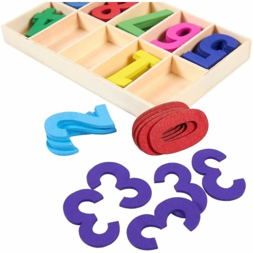 Wooden Numbers for Learning Games, Educational Tool (Rainbow Colors, 50 Pieces) Perspective: top