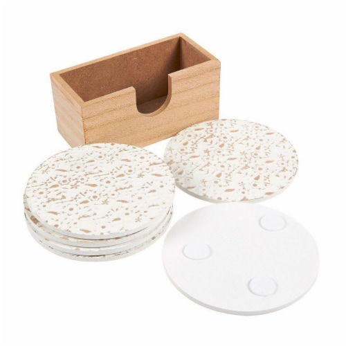 Juvale 6 Pack Round Wood Coasters with Holder, White Floral Design, 3.8 Inches Diameter Perspective: top