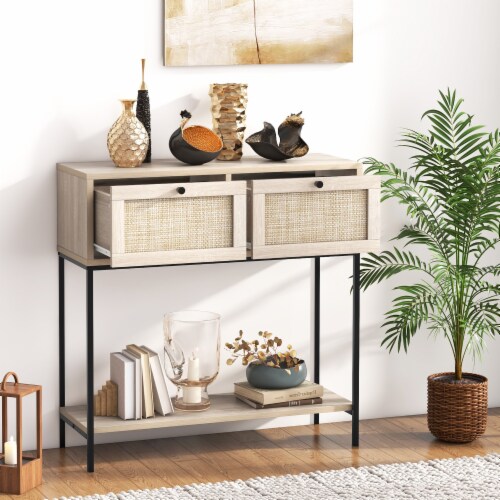 Oak console table with drawers and shelf discount