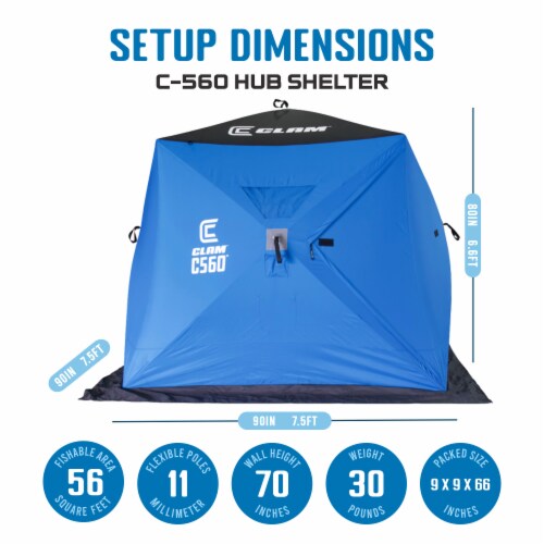 CLAM 14476 C-560 Outdoor Portable 7.5 Foot Pop Up Ice Fishing Hub Shelter Tent Perspective: top