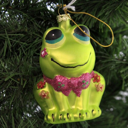 Holiday Ornament Retro Frog Glass Christmas Bow Tie Flowers Go4393 Perspective: top