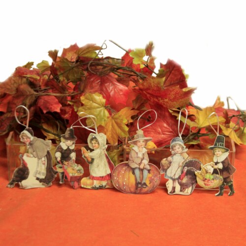 Holiday Ornament Thankgiving Child Ornaments S/6 Pilgrim Turkey Pumpkin Rl8150 Perspective: top
