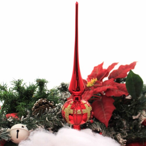 Inge Glas Shiny Red Twisted Lines Finial Tree Topper Glitter Stripe 21205T021 Perspective: top