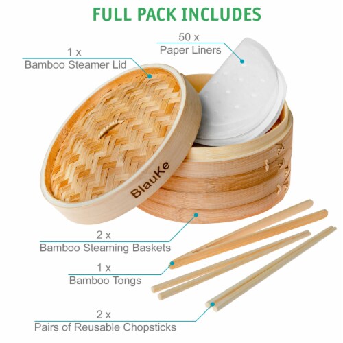 Bamboo Steamer Basket 10 Inch with 2 Pairs Chopsticks, Tongs and 50 Paper Liners Perspective: top