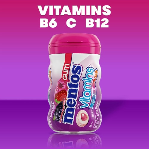 Mentos Sugar Free Chewing Gum with Vitamins B6 C and B12 Berry Flavored (Pack of 8) Perspective: top