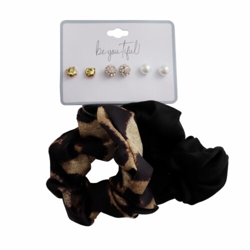 Stud Earring & Black Print Scrunchie Set Perspective: top