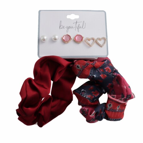 Stud Earring & Maroon Scrunchie Set Perspective: top