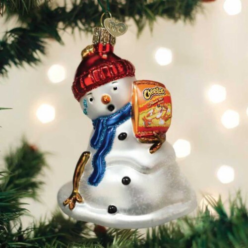 Old World Christmas 4.25 Inches Flamin' Hot Cheetos Snowman Glass Ornament Melting 24221 Perspective: top