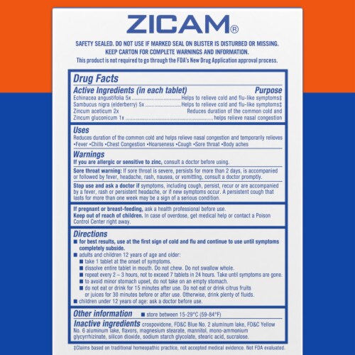 Zicam Cold and Flu-Like Symptom Remedy Echinacea Plus Sambucus Quick Dissolve Tablets Perspective: top