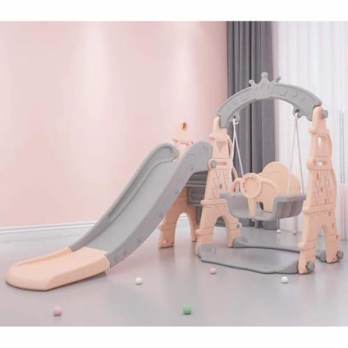 TR LAYNE Indoor/Outdoor Kids 4 Function Slide, Baby Swing & Basketball Hoop Combo. Perspective: top