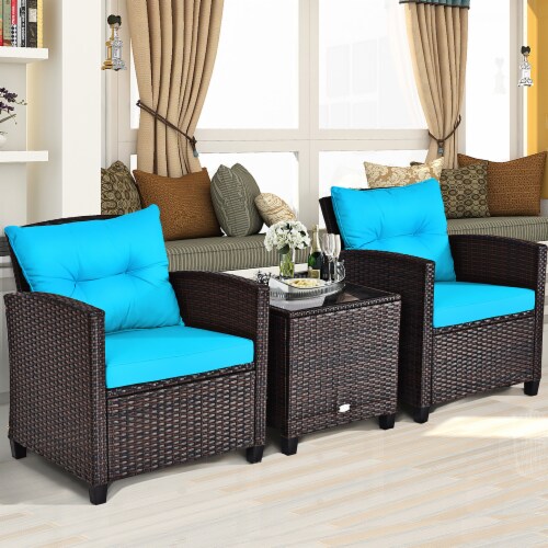 Costway 3PCS Patio Rattan Furniture Set Cushioned Conversation Set Sofa Turquoise Perspective: top