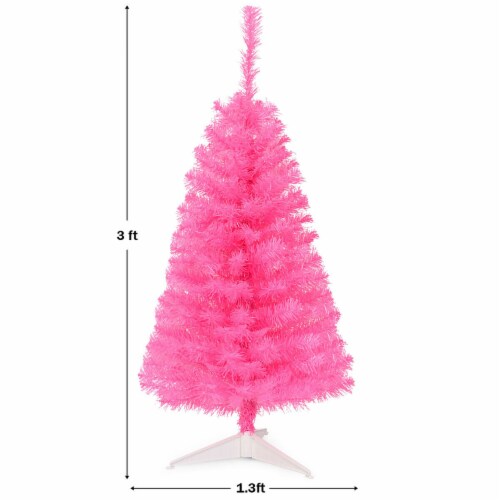 Costway 3 ft Premium Artificial Christmas Mini Tree Holiday Season Pink w/ Plastic Stand Perspective: top