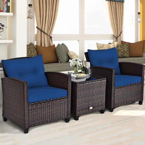 Costway 3PCS Patio Rattan Furniture Set Cushioned Conversation Set Coffee Table Navy Perspective: top
