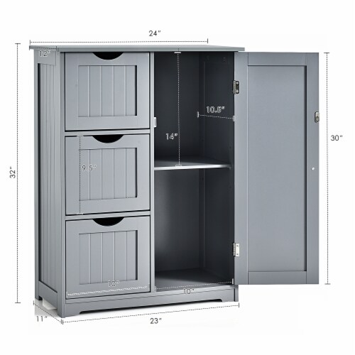 Costway Bathroom Floor Cabinet Side Storage Cabinet with 3 Drawers and 1 Cupboard Grey Perspective: top