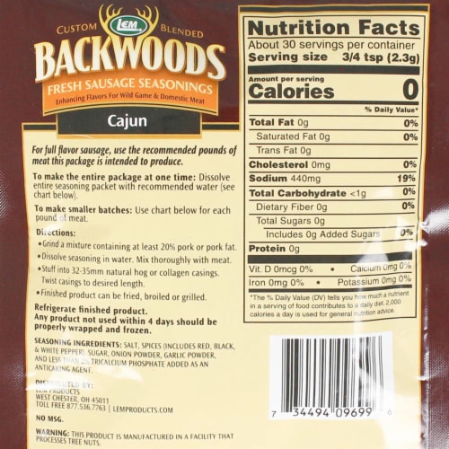 Backwoods 2.4 Oz Cajun Sausage Seasoning Custom Blend Makes 5 Lbs of Meat 9699 Perspective: top