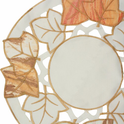 Heritage Lace 12 White and Beige Embroidered Fall Leaf Thanksgiving Doily Perspective: top