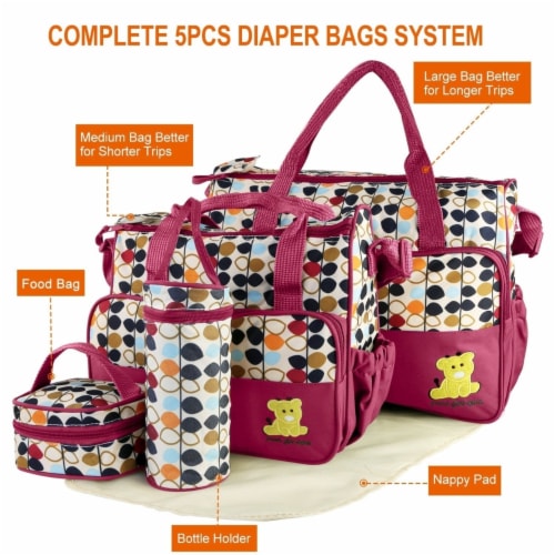 5PCS Baby Nappy Diaper Bags Set Mummy Diaper Shoulder Bags w/ Nappy Changing Pad Insulated Perspective: top