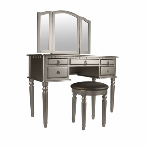 Poundex Furniture Wood Vanity Set with Mirror and Stool Silver Color Perspective: top
