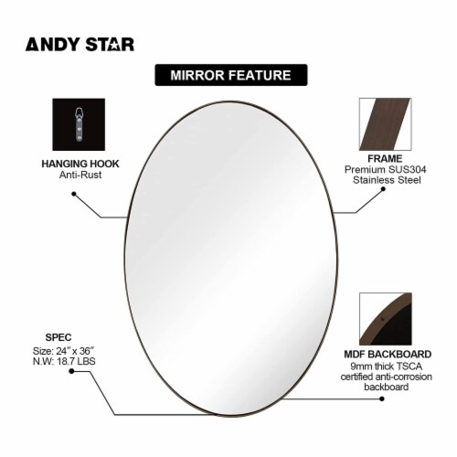 ANDY STAR Modern 24 x 36 Inch Oval Wall Hanging Bathroom Mirror, Brushed Bronze Perspective: top