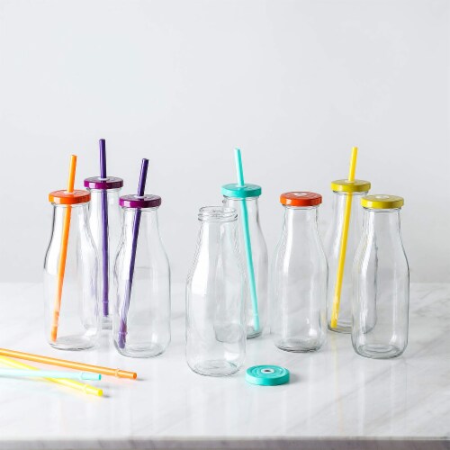 WHOLE HOUSEWARES | 14 Oz Glass Milk Bottle Set of 8+Lids/Straws Perspective: top