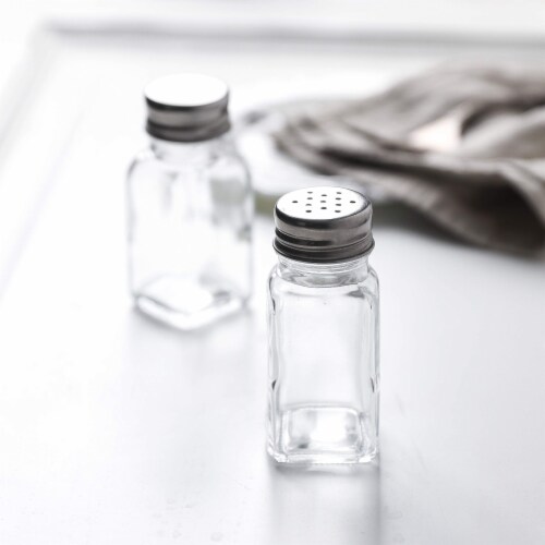 WHOLE HOUSEWARES | 2X3.5inch Stainless Steel Salt & Pepper Shakers Set | 3-Piece Pack Perspective: top