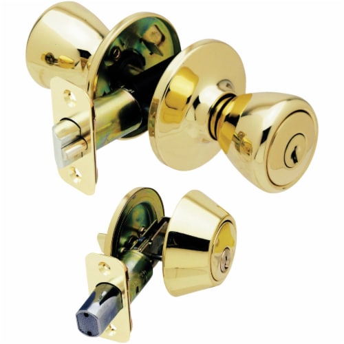 Ultra Howard Berger Polished Brass Deadbolt and Door Knob Combo 83969 Pack of 6 Perspective: top