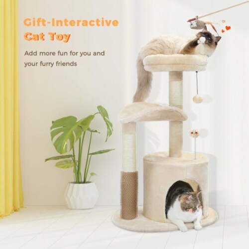 Inq Boutique - Small Cat Tree - Medium Cat Tower With Interactive Toy 32.7 - Beige Perspective: top