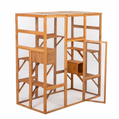 FX070 - Outdoor Cat Enclosure with Sunlight Top Panel, Perches, Sleeping Boxes, Pet Playpen Perspective: top